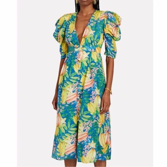 Farm Rio Star Fruit Puff Sleeve Midi Dress, Star Fruits / L